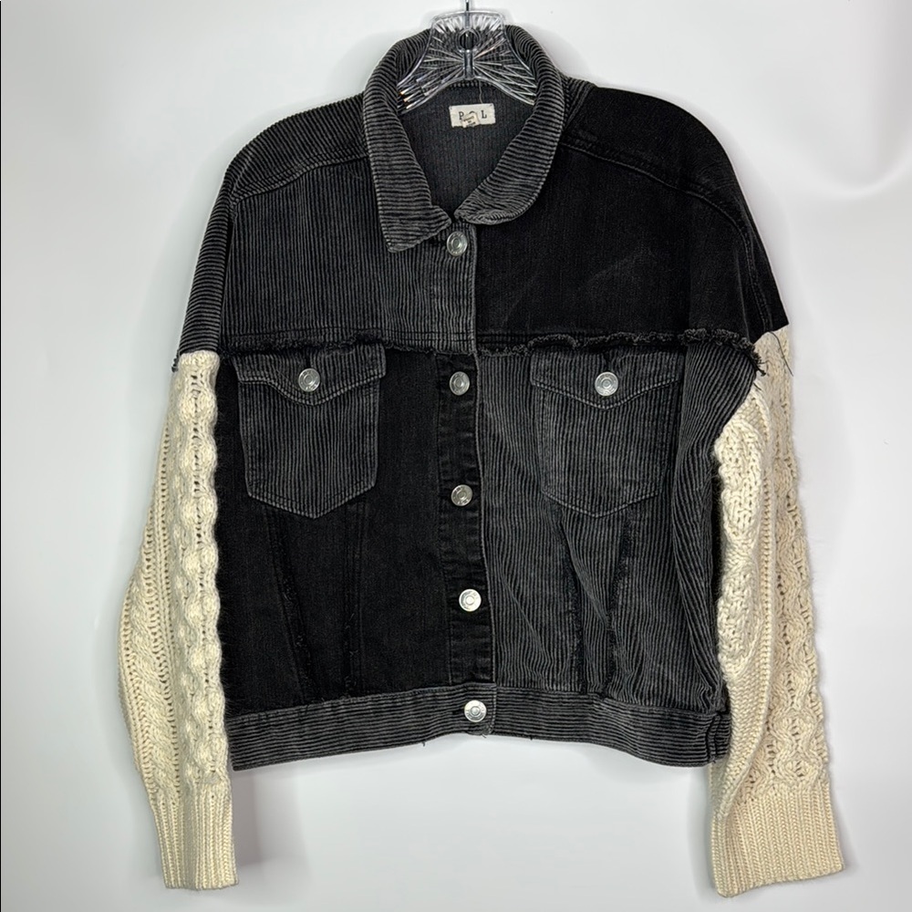Pol Black Gray Patchwork Denim Button Jacket Size… - image 1